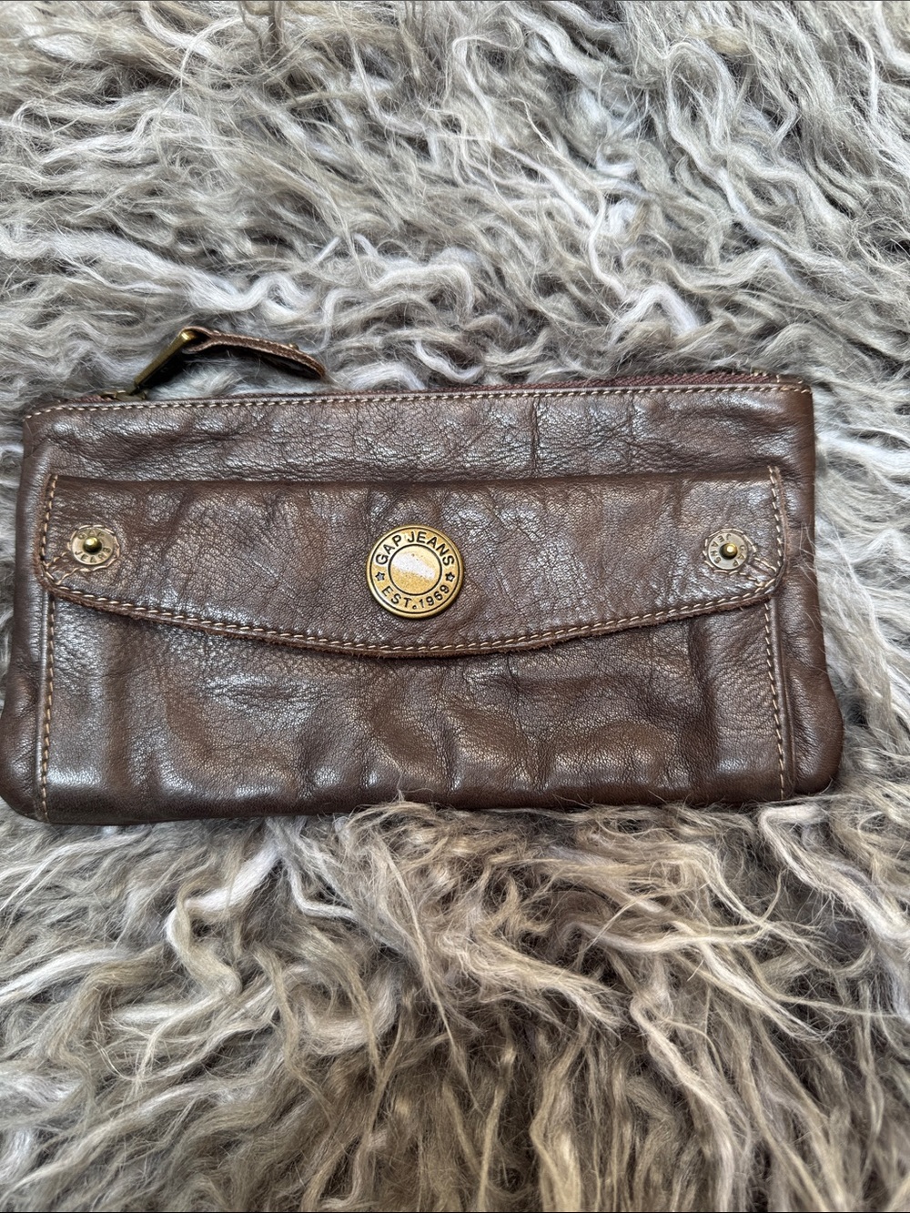 Vintage GAP Brown Leather Zip Wallet with Bronze Tone Logo 1969